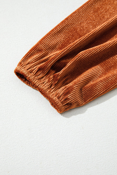 Ribbed Velvet Square Neck Puff Sleeve Slim Fit Top