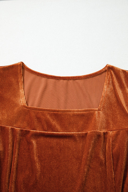 Ribbed Velvet Square Neck Puff Sleeve Slim Fit Top