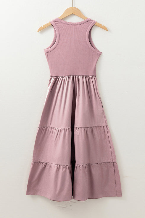 Ribbed Vest Patchwork Tiered Midi Dress with Pockets