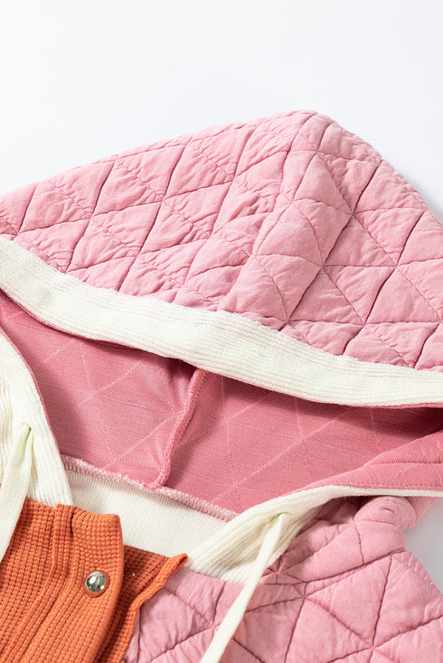 Ribbed Waffle Knit Patchwork Quilted Hooded Jacket