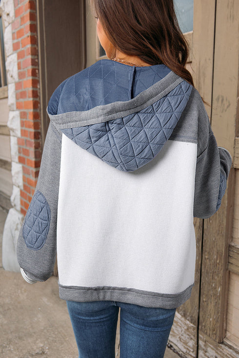 Ribbed Waffle Knit Patchwork Quilted Hooded Jacket