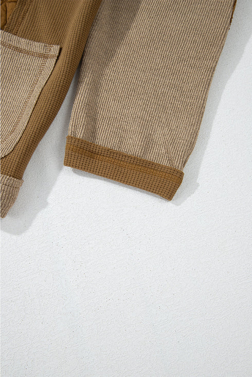 Ribbed Waffle Knit Patchwork Quilted Hooded Jacket