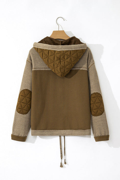 Ribbed Waffle Knit Patchwork Quilted Hooded Jacket