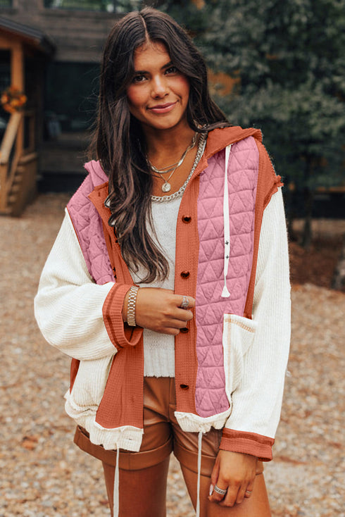 Ribbed Waffle Knit Patchwork Quilted Hooded Jacket