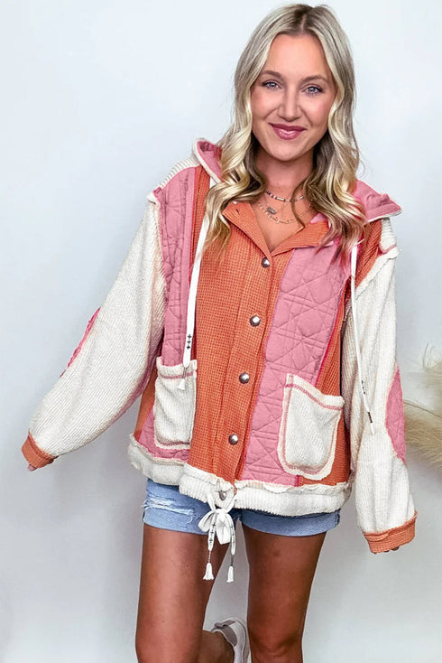 Ribbed Waffle Knit Patchwork Quilted Hooded Jacket
