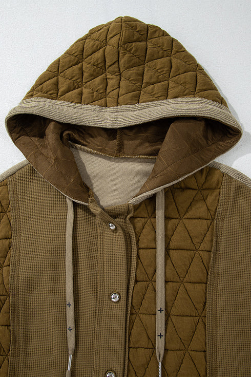 Ribbed Waffle Knit Patchwork Quilted Hooded Jacket