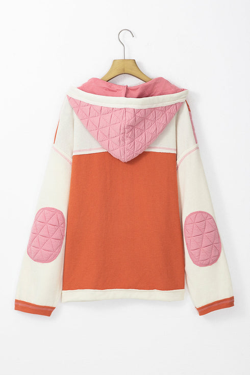 Ribbed Waffle Knit Patchwork Quilted Hooded Jacket
