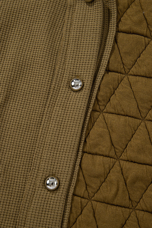 Ribbed Waffle Knit Patchwork Quilted Hooded Jacket
