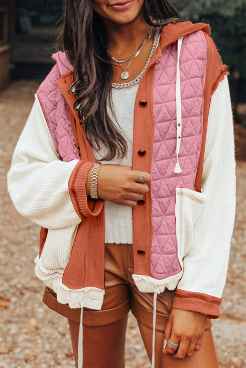 Ribbed Waffle Knit Patchwork Quilted Hooded Jacket