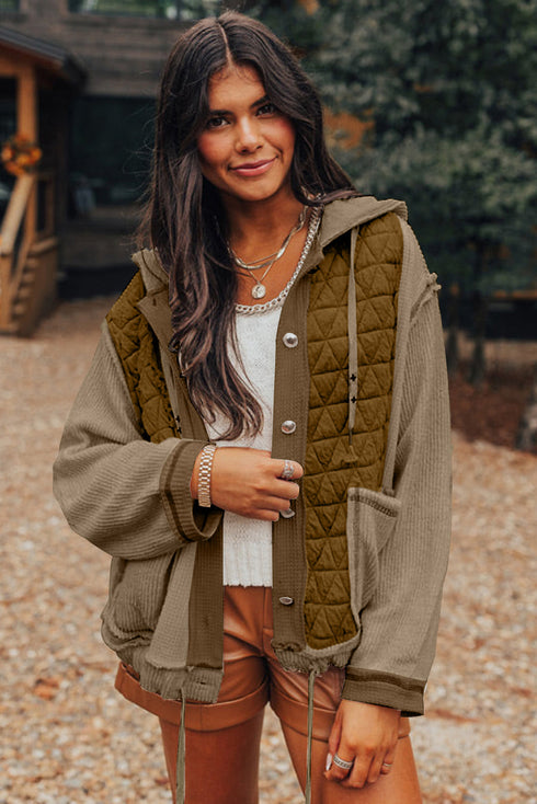 Ribbed Waffle Knit Patchwork Quilted Hooded Jacket
