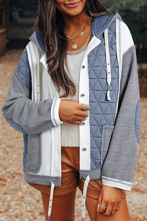 Ribbed Waffle Knit Patchwork Quilted Hooded Jacket