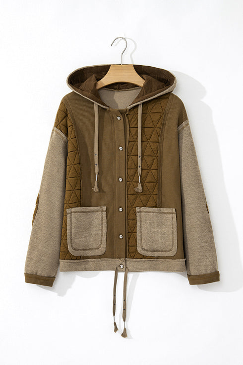 Ribbed Waffle Knit Patchwork Quilted Hooded Jacket