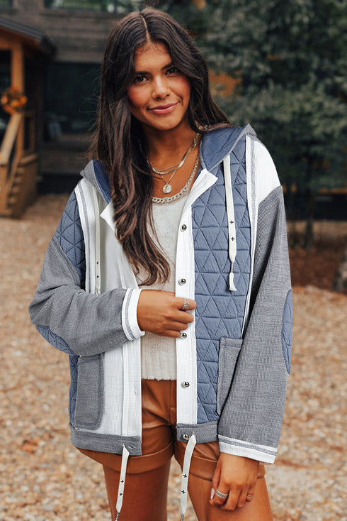 Ribbed Waffle Knit Patchwork Quilted Hooded Jacket