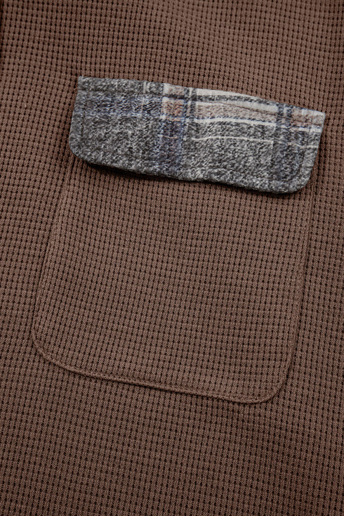 Ribbed Waffle Knit Plaid Patchwork Button Down Hooded Jacket