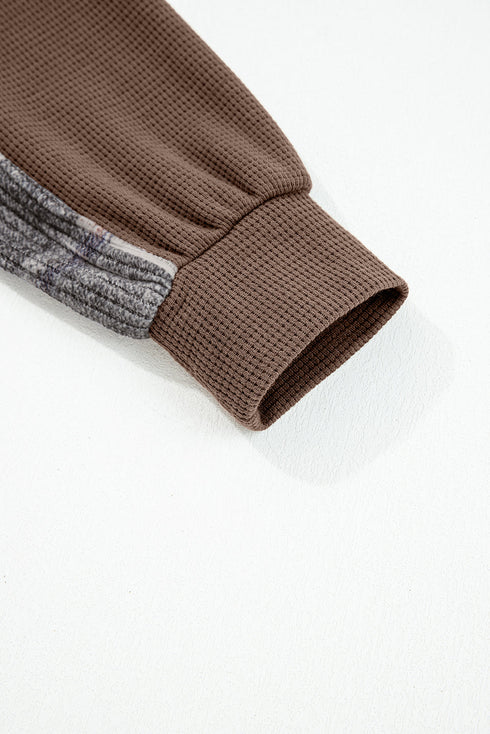 Ribbed Waffle Knit Plaid Patchwork Button Down Hooded Jacket