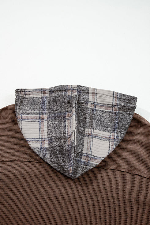 Ribbed Waffle Knit Plaid Patchwork Button Down Hooded Jacket