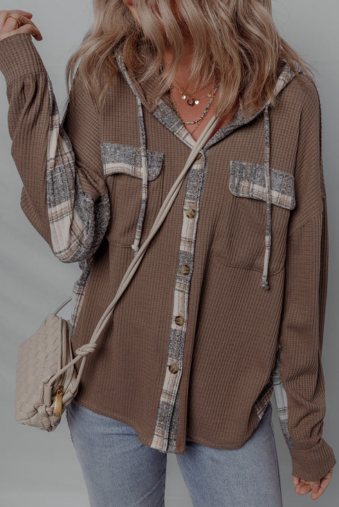 Ribbed Waffle Knit Plaid Patchwork Button Down Hooded Jacket