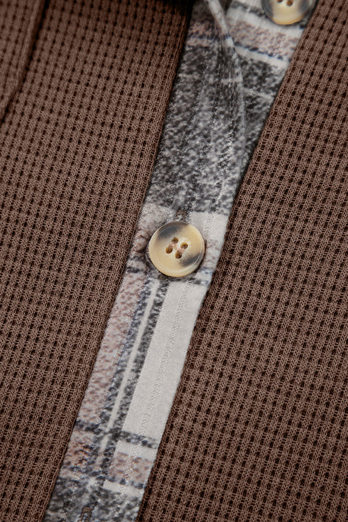 Ribbed Waffle Knit Plaid Patchwork Button Down Hooded Jacket