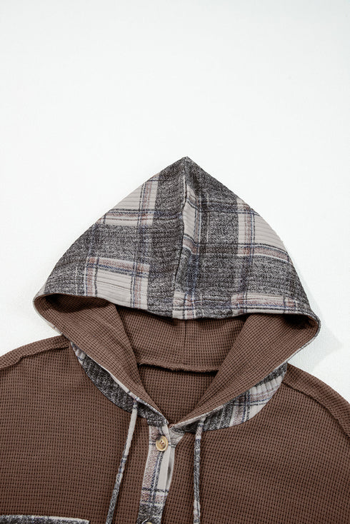 Ribbed Waffle Knit Plaid Patchwork Button Down Hooded Jacket