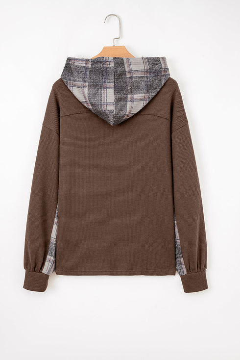 Ribbed Waffle Knit Plaid Patchwork Button Down Hooded Jacket