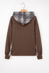 Ribbed Waffle Knit Plaid Patchwork Button Down Hooded Jacket