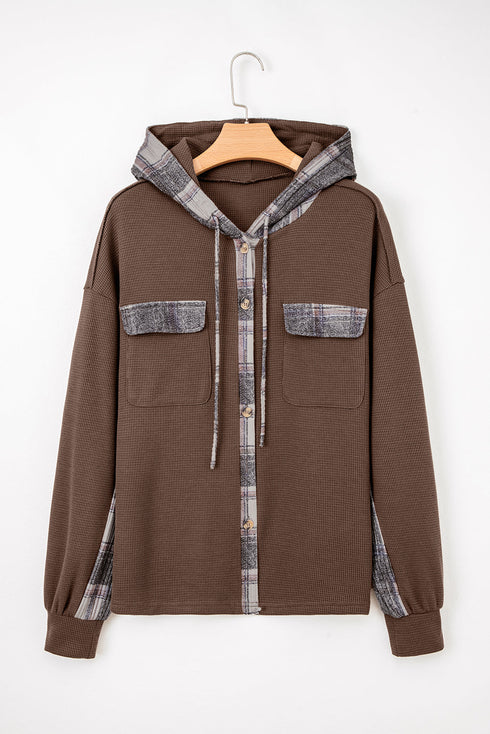 Ribbed Waffle Knit Plaid Patchwork Button Down Hooded Jacket