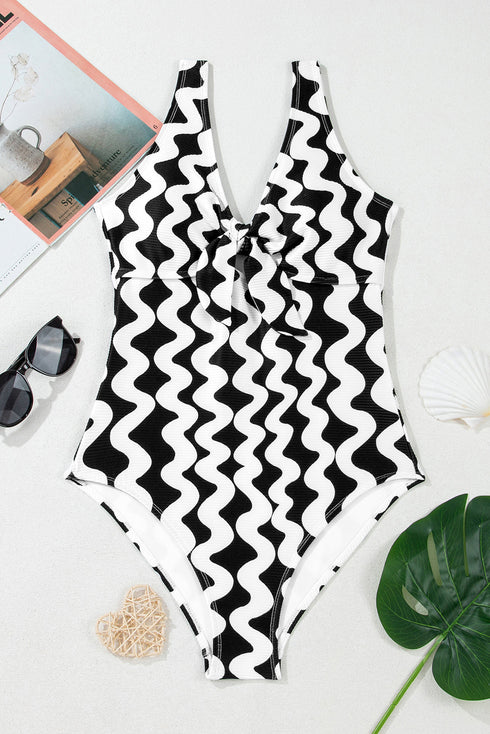 Ribbed Wavy Stripe Tie Front One Piece Swimsuit
