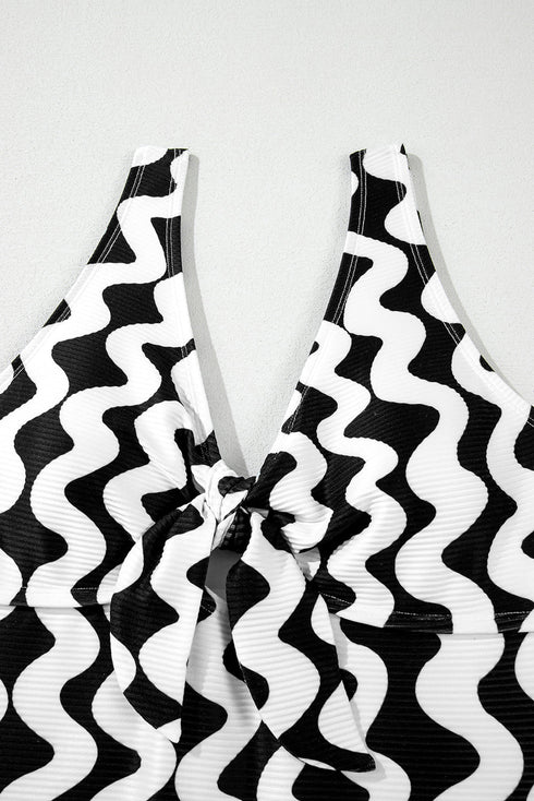 Ribbed Wavy Stripe Tie Front One Piece Swimsuit