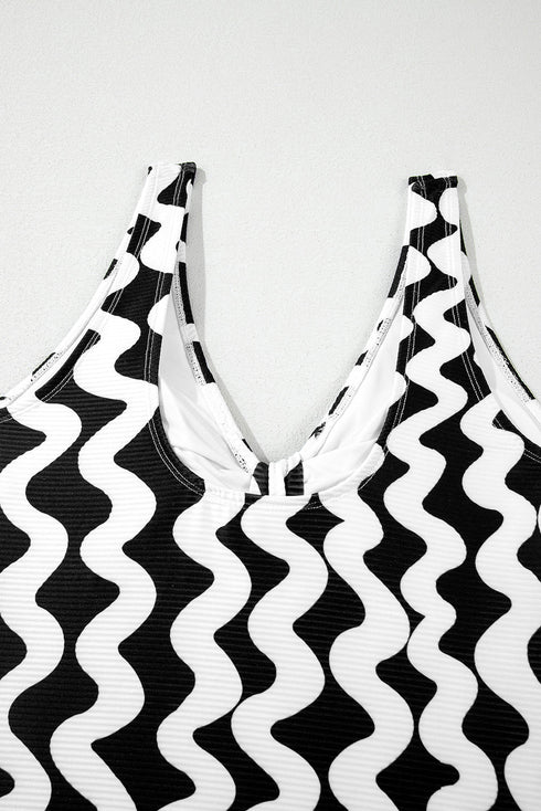 Ribbed Wavy Stripe Tie Front One Piece Swimsuit