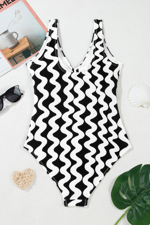 Ribbed Wavy Stripe Tie Front One Piece Swimsuit