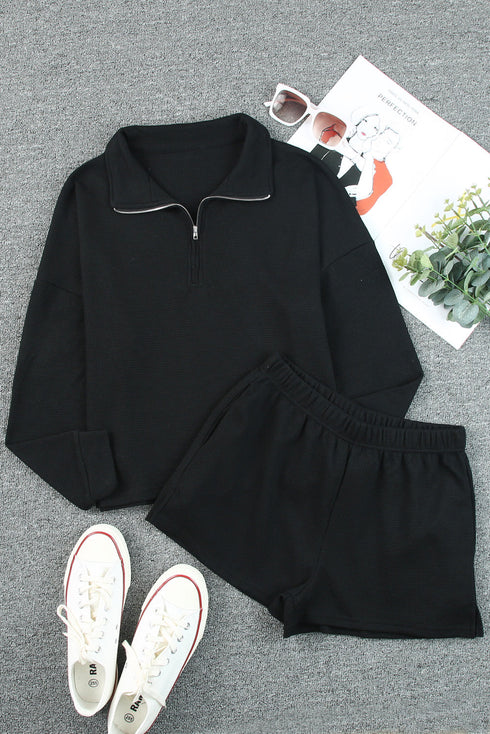 Ribbed Zipper Sweatshirt and High Waist Shorts Set