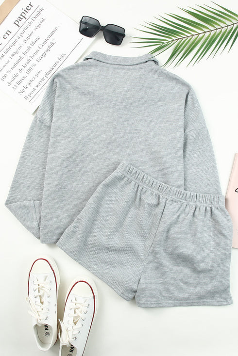 Ribbed Zipper Sweatshirt and High Waist Shorts Set