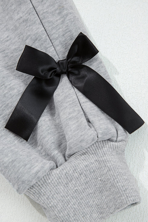 Ribbon Bow Applique Sleeve Drop Shoulder Crewneck Pullover Sweatshirt