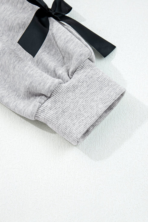 Ribbon Bow Applique Sleeve Drop Shoulder Crewneck Pullover Sweatshirt