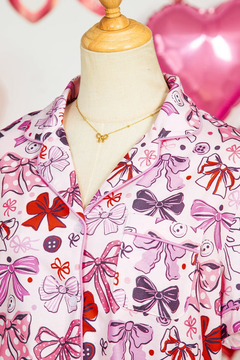 Ribbon Bow Print Ruffled Cami And Short Pajama Set