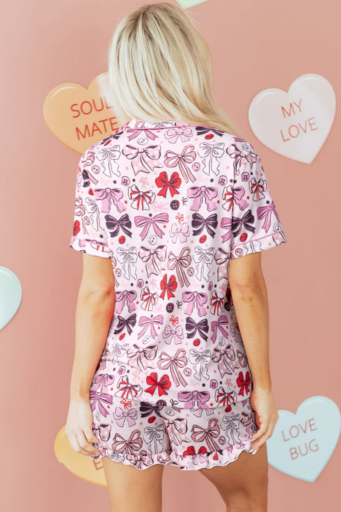 Ribbon Bow Print Ruffled Cami And Short Pajama Set
