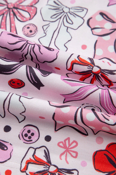 Ribbon Bow Print Ruffled Cami And Short Pajama Set