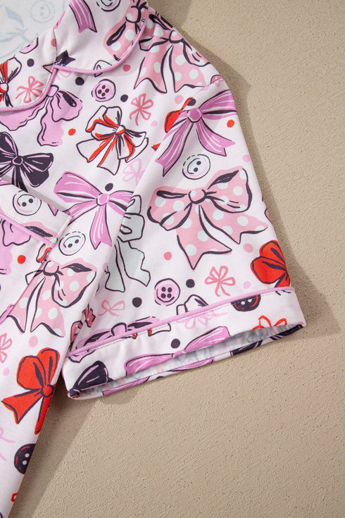 Ribbon Bow Print Ruffled Cami And Short Pajama Set