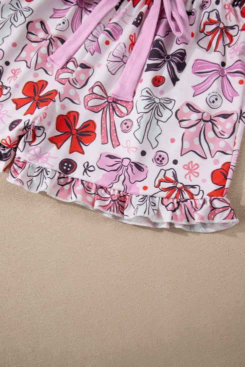 Ribbon Bow Print Ruffled Cami And Short Pajama Set