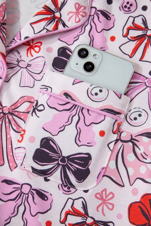 Ribbon Bow Print Ruffled Cami And Short Pajama Set