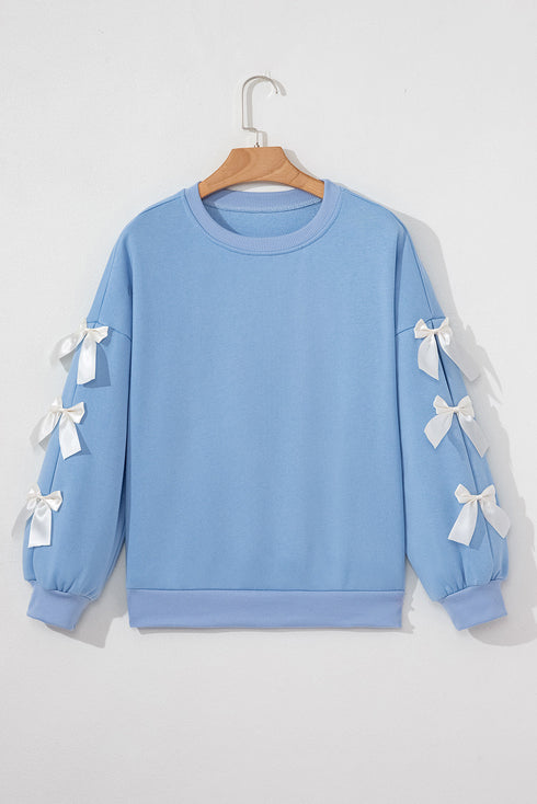 Ribbon Bow Sleeve Crew Neck Pullover Sweatshirt