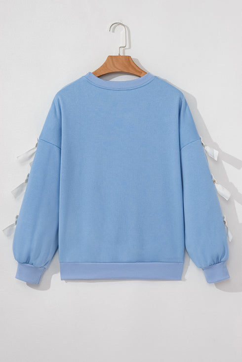 Ribbon Bow Sleeve Crew Neck Pullover Sweatshirt
