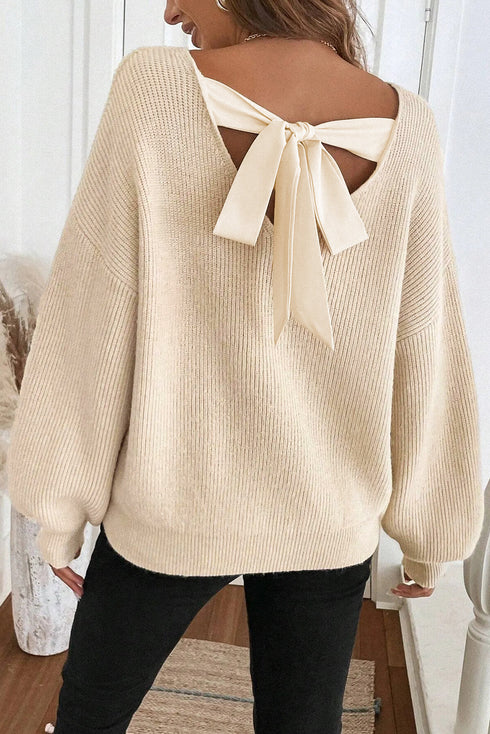 Ribbon Knot Backless Drop Shoulder Ribbed Knit Sweater