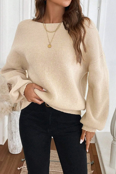Ribbon Knot Backless Drop Shoulder Ribbed Knit Sweater