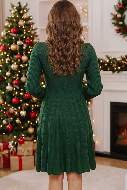 Ribbon Knot Ribbed Cable Knit Mini Sweater Dress