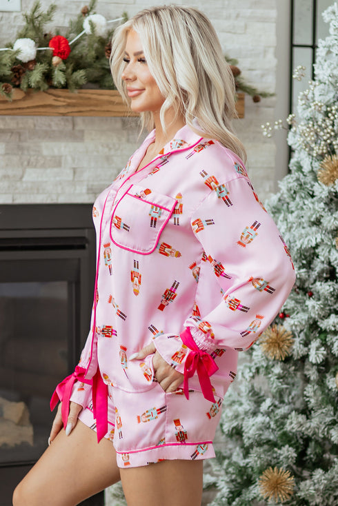 Ribbon Tie Sleeve Nutcracker Pajama Set