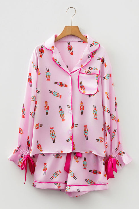 Ribbon Tie Sleeve Nutcracker Pajama Set