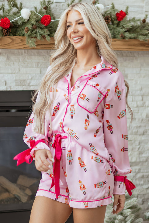 Ribbon Tie Sleeve Nutcracker Pajama Set