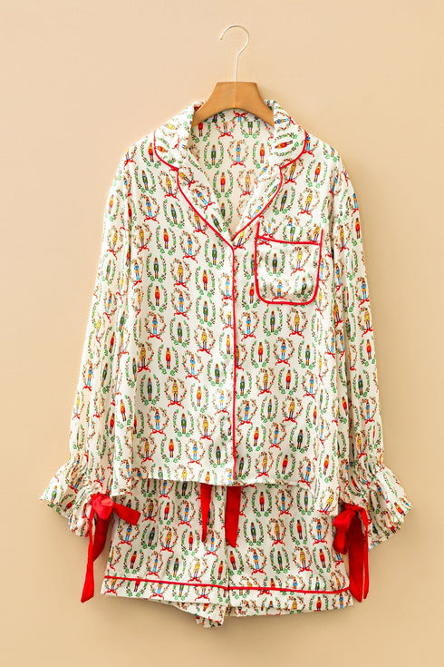 Ribbon Tie Sleeve Nutcracker Pajama Set