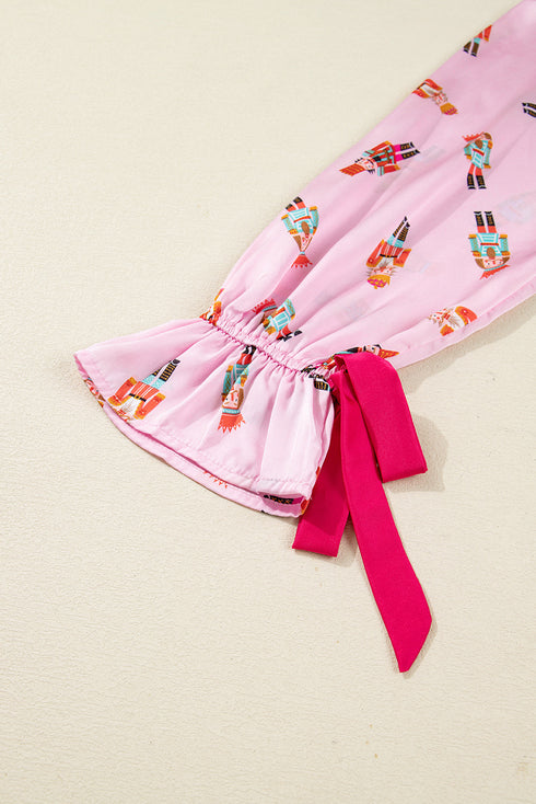 Ribbon Tie Sleeve Nutcracker Pajama Set